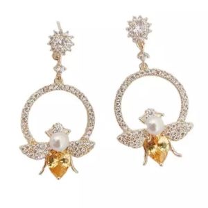 14K Gold Citrine Honey Bee Pendant Earrings